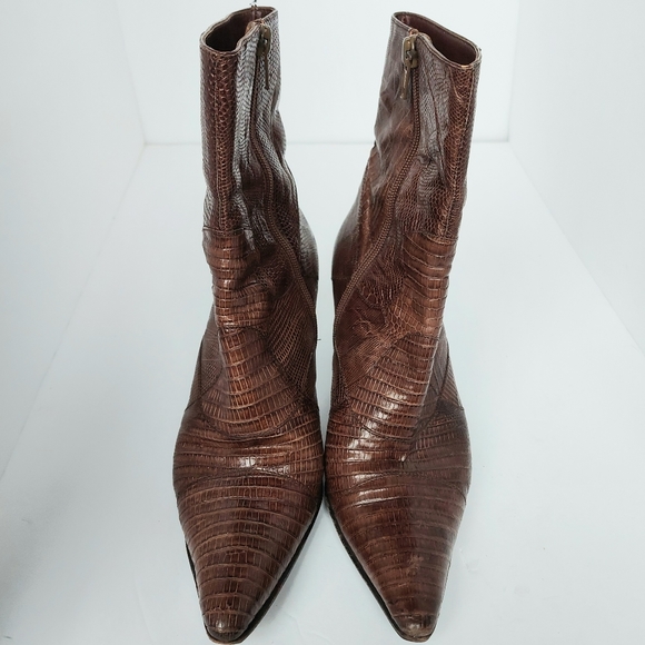 Vintage Women's Botticelli Patchwork Lizard Brown Leather Ankle Booties Sz37 EUC - Picture 2 of 10